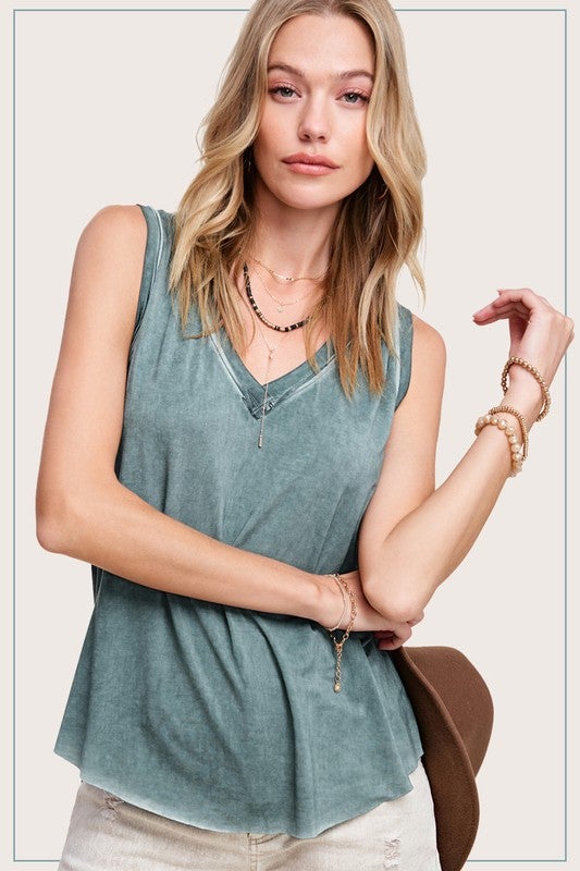 Washed Sleeveless V- Neck Top - Ash | Renee's Unique